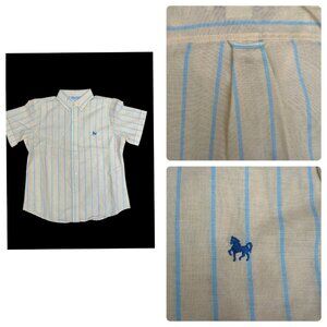 Vtg Yellow, Teal Vertical Stripes Women's Button Down Polo HUNTER'S GLEN Size 10